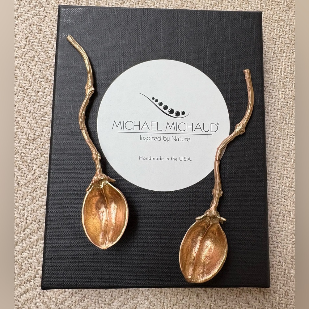Michael Michaud artist, set/2 pewter/bronze pod-shaped serving spoons.❣️